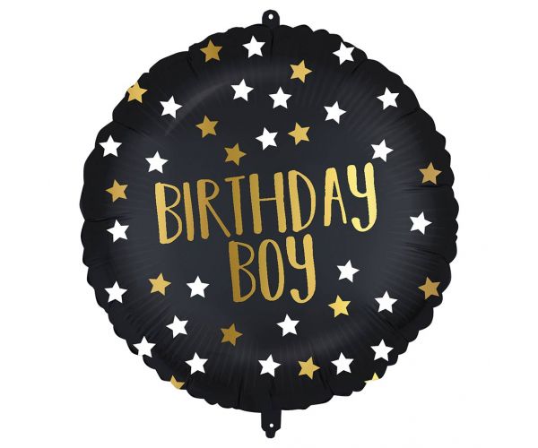 Balon folie pentru ziua de naștere – inscripție „Birthday Boy”, negru-auriu cu stele, 46 cm