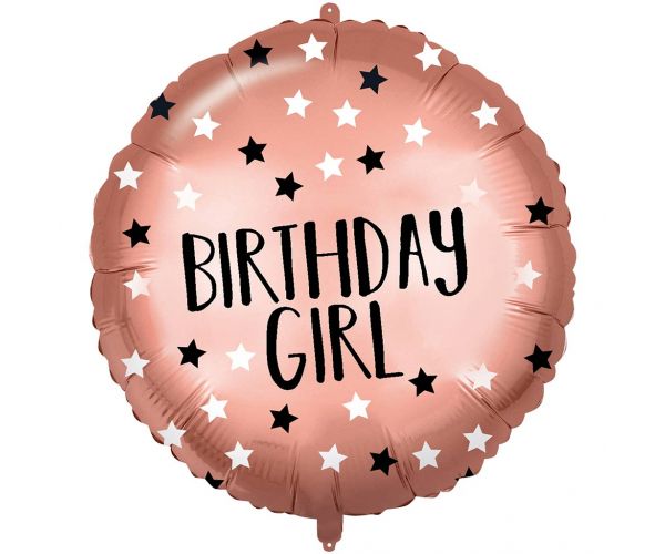 Balon folie pentru ziua de naștere – inscripție „Birthday Girl”, roz auriu cu stele, 46 cm