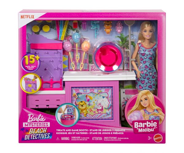 Barbie Mysteries: Detectivii de la plajă - Set de joacă stand de vată de zahăr cu păpușă - Mattel