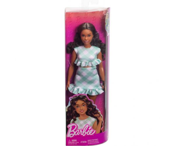 Barbie: Păpușă Fashionista stilată în rochie în carouri verde-alb - Mattel