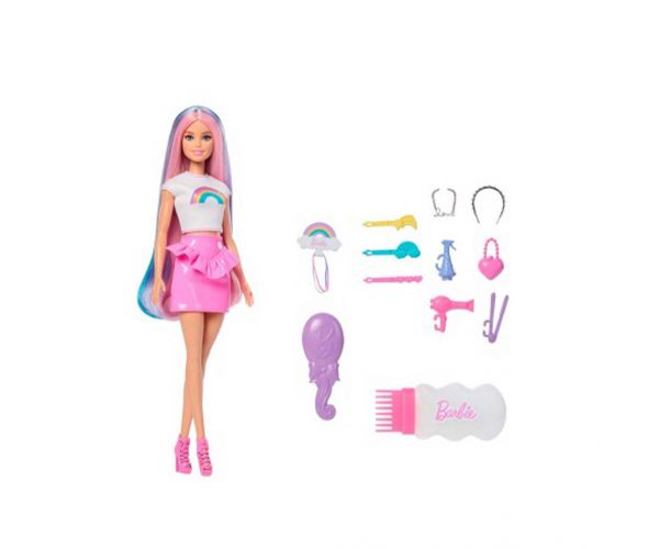 Barbie: Păpușă cu Păr Strălucitor de Curcubeu cu accesorii - Mattel