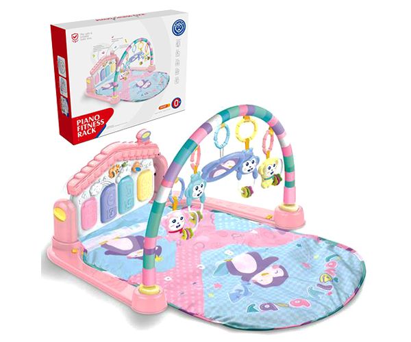 Baby fitness zenélő és foglalkoztató játszószőnyeg lábzongorával pink színben