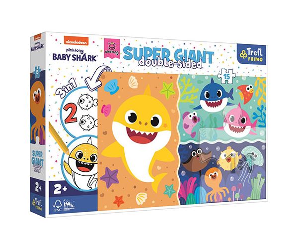 Baby Shark Super Giant cu două fețe 3 in 1 puzzle 15 bucăți - Trefl