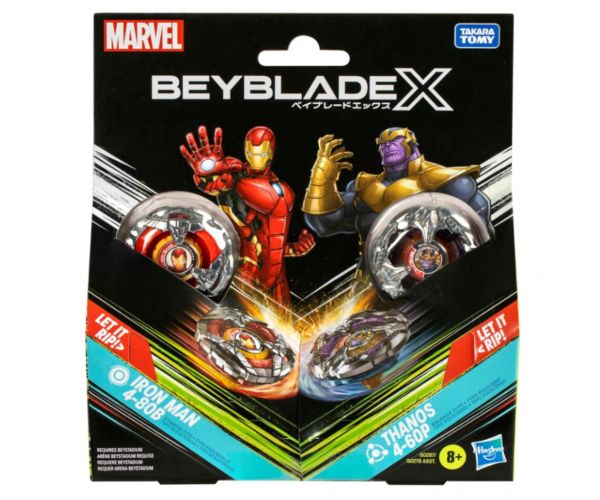 Beyblade X Marvel Collab: Iron Man vs. Thanos 4-80B X Venom 4-60B set de joc - Hasbro
