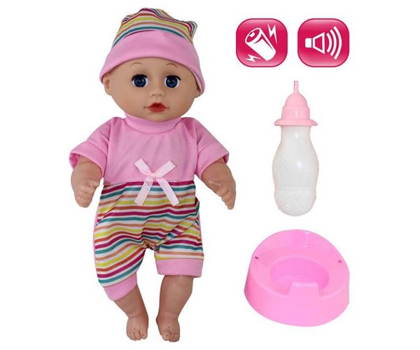 Bebeluș în șapcă cu accesorii și sunete 30cm