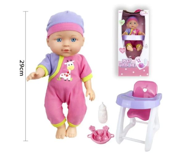 Bebeluș cu pijama, scaun de hrănire și accesorii de 29cm