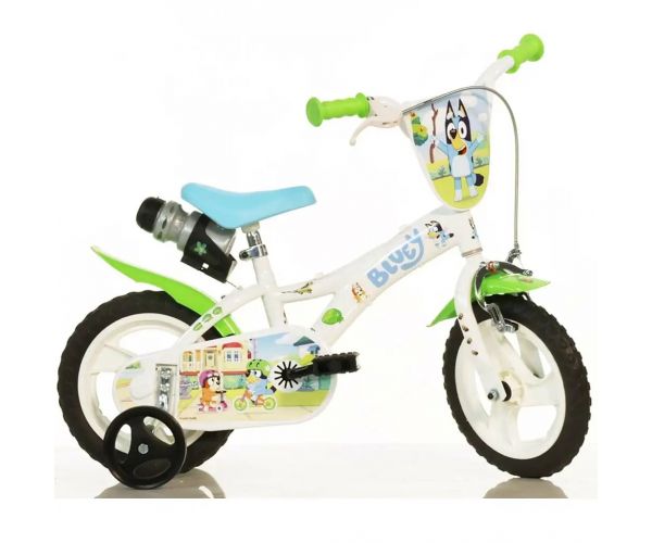 Bicicletă pentru copii Bluey 12” cu suport pentru sticlă și roți ajutătoare, în culorile alb-albastru-verde – bicicletă Dino Bikes