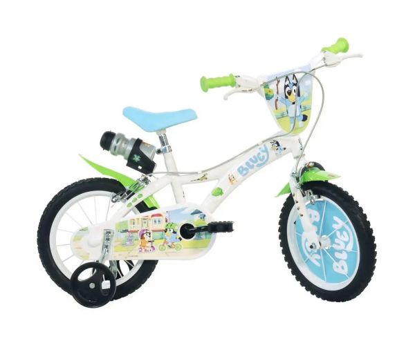 Bicicletă pentru copii Bluey de 14” cu suport pentru sticlă de apă și roți ajutătoare, în culorile alb-albastru-verde – bicicletă Dino Bikes