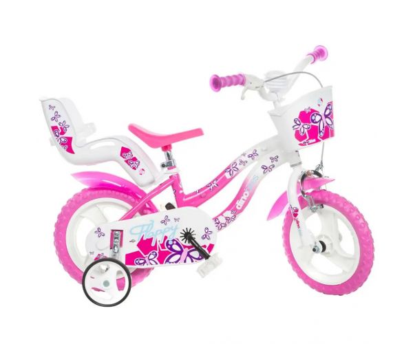 Bicicletă pentru copii Flappy 12” cu coș și scaun pentru păpuși, culoare roz-alb - bicicletă Dino Bikes