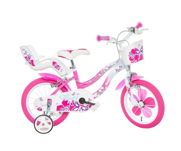 Bicicletă pentru copii Flappy 14” cu coș și scaun pentru păpuși, culoare roz-alb – bicicletă Dino Bikes