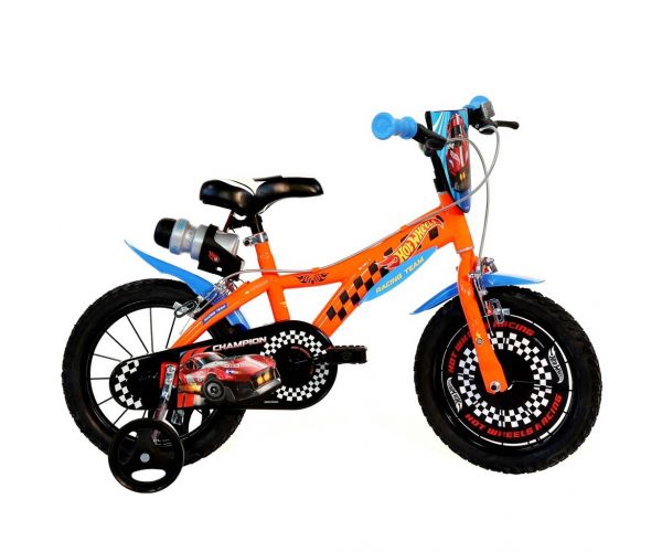 Bicicletă pentru copii Hot Wheels 14” cu suport pentru sticlă și roți ajutătoare, culoare portocaliu-negru – bicicletă Dino Bikes