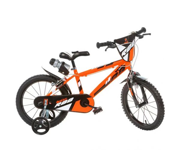 R88 14” gyerek bicikli kulacstartóval és oldalkerekekkel narancssárga-fekete színben – Dino Bikes kerékpár