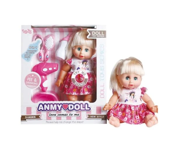 Păpușă face pipi cu oliță, uscător de păr și accesorii