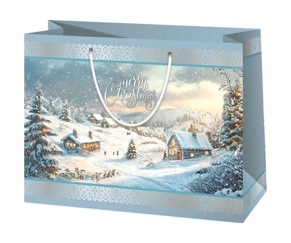 Sac de cadou mare cu model peisaj de iarnă Merry Christmas 26x13x33cm