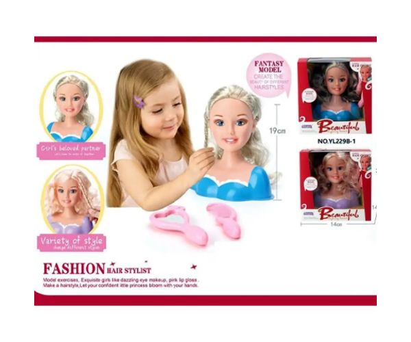 Cap de păpușă cu păr blond lung în două rochii diferite cu accesorii