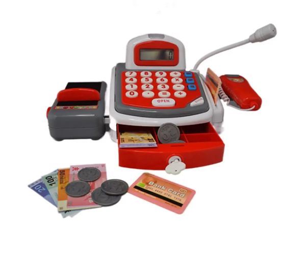 Casă de marcat electronică rosie cu bandă rulantă, cu produse și sunete