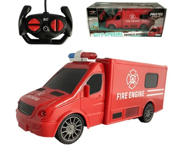 Microbuz de stingere a incendiilor cu telecomandă RC cu efecte de lumină și sunet la scară 1:18 20cm