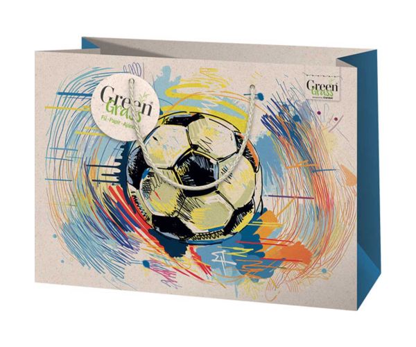 Sac de cadou premium mare cu model de minge de fotbal iarba verde 26x13x33cm
