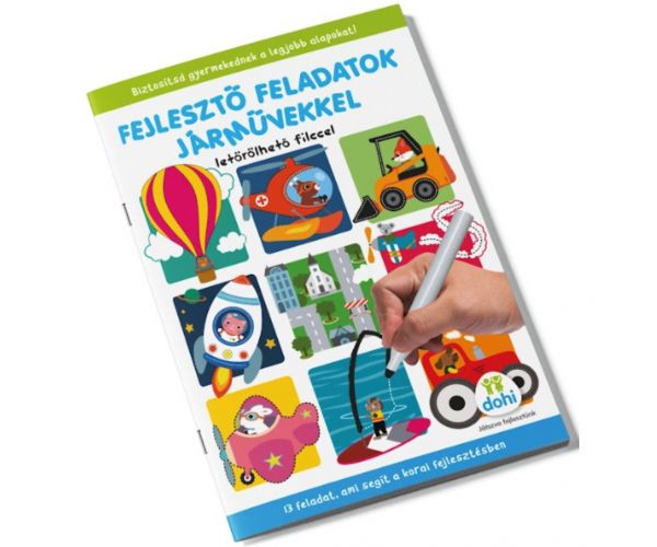 Fejlesztő feladatok járművekkel foglalkoztató füzet letörölhető filccel