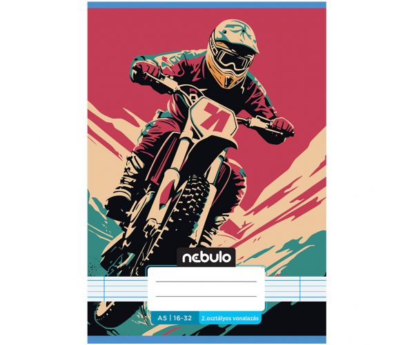 Caiet liniat, tipărit cu capse, clasa a 2-a, format A5, 16-32 file, cu model de motocicletă cross.