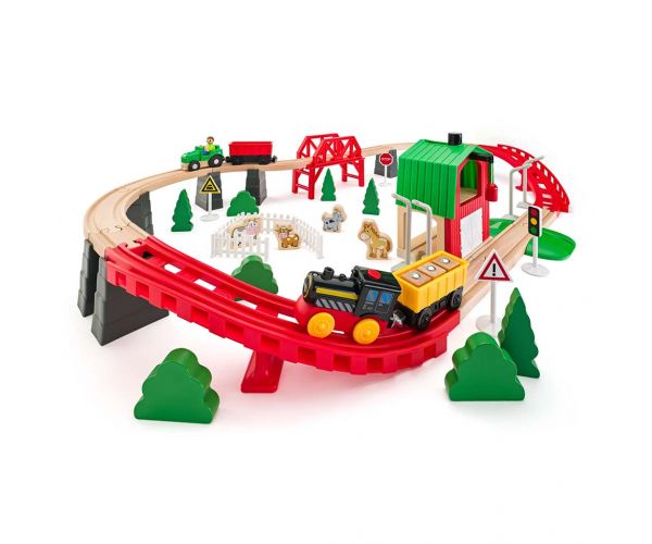 Cale ferată agricolă din lemn cu tren și alte accesorii, set de 60 de piese - Woodyland