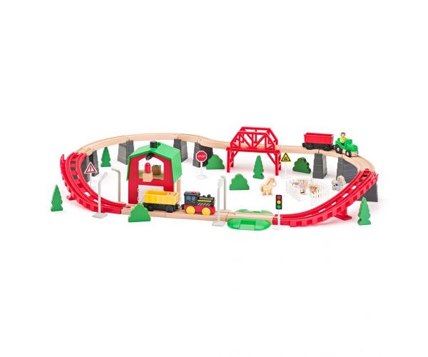 Cale ferată agricolă din lemn cu tren și alte accesorii, set de 60 de piese - Woodyland