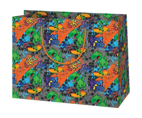 Cardex: Geantă de cadou mare cu dinozaur pe placă de surf, 26,7x13,7x33cm
