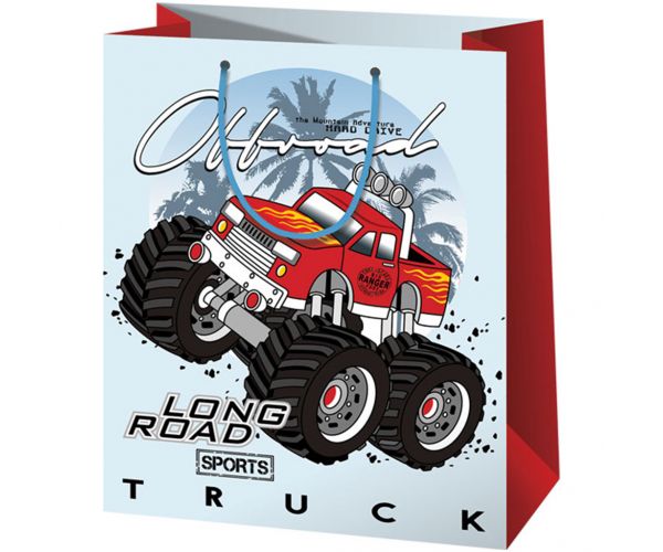 Cardex: Pungă cadou de mărime medie cu camion monstru roșu-alb, 17,8x10x23cm