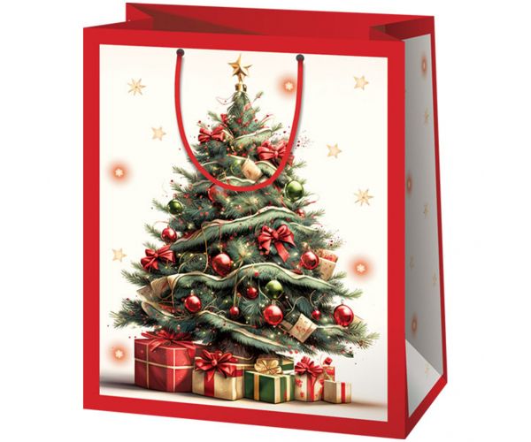 Cardex: Sac de cadou de Crăciun cu brad și cadouri, mărime medie, 17x10x23cm