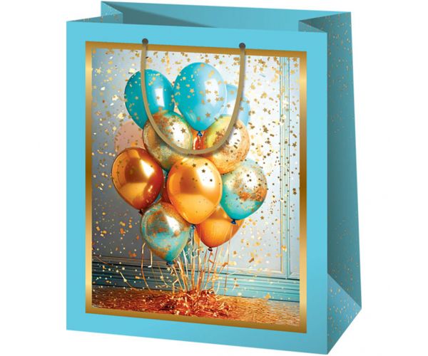 Cardex: Sacoșă cadou exclusivă de mărime medie, cu baloane albastre-aurii, 18x10x23cm