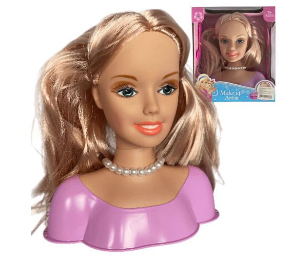 Cap de păpușă cu păr lung și blond pieptănabil cu agrafe de păr si accesorii