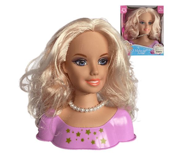 Cap de păpușă cu păr lung și blond pieptănabil cu colier de perle si accesorii