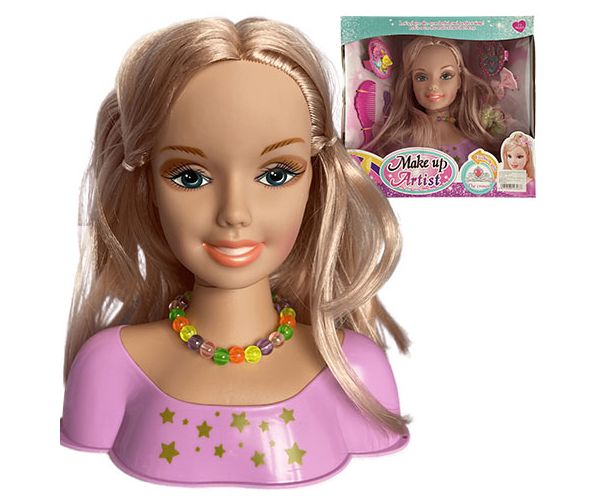 Cap de papusa pieptanabila cu par blond, fundite si accesorii