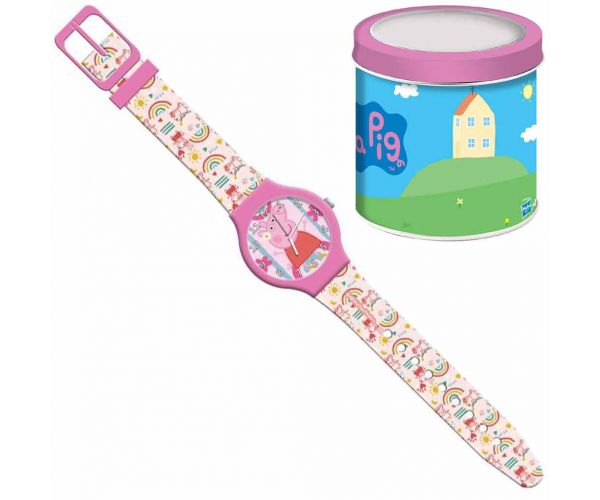 Ceas analog Peppa Pig în cutie decorativă de metal.