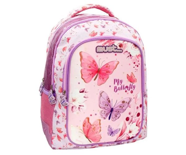 Must Geantă școlară 3D Butterfly cu 3 compartimente, rucsac 32x18x43cm