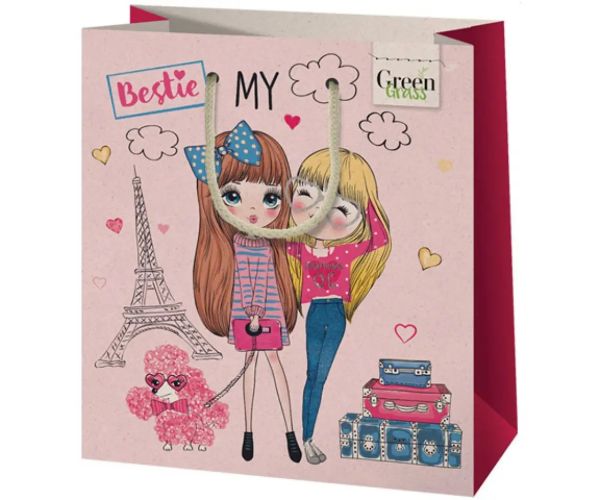Green Grass Bestie girly pungă cadou mijlocie 20x9x23cm