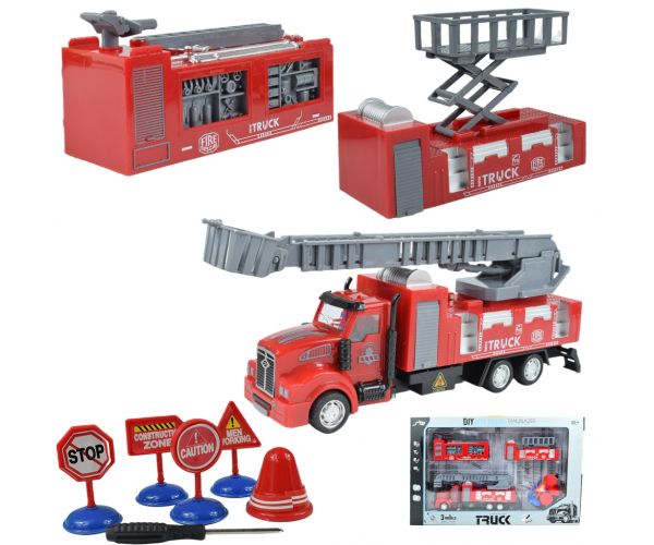 City Truck: Átalakítható lendkerekes tűzoltósági teherautó jelzőtáblákkal 19cm