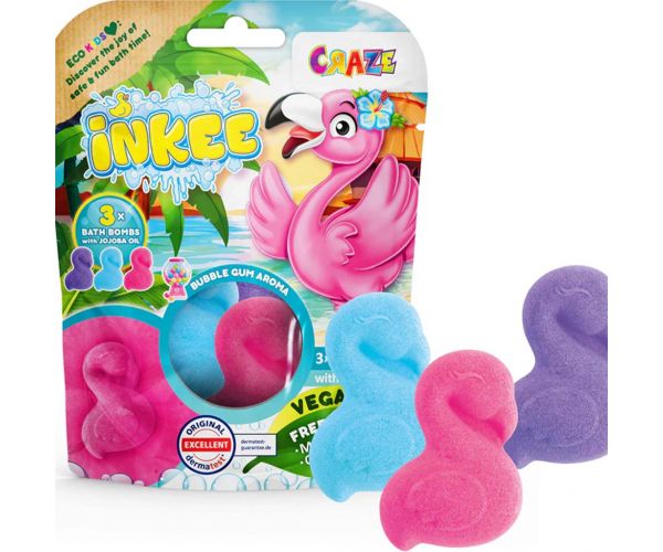 Craze Inkee: Set de 3 bile de baie vegane cu aromă de gumă de mestecat, în formă de flamingo