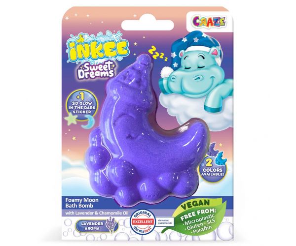 Craze Inkee: Vis de dulce vegan cu bombă de baie spumoasă în formă de lună.