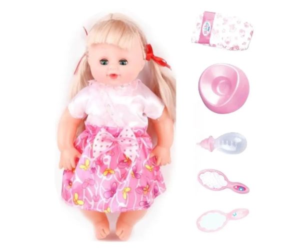 Păpușă cu păr în haine de culoarea roz cu accesorii 35cm