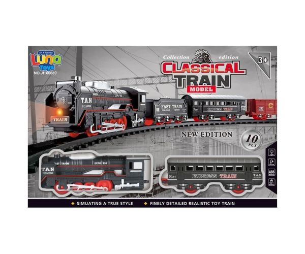 Luna: Set de tren clasic cu locomotivă cu aburi de 10 piese cu șine de 80 cm, cu lumină și sunet