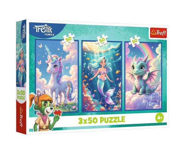 Lumea poveștilor colorate – puzzle cu 3 x 50 de piese cu un unicorn, o sirenă și un dragon – Trefl