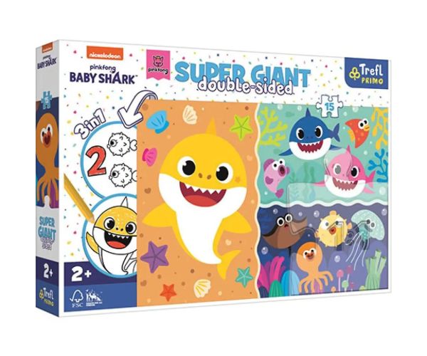 Baby Shark Super Giant cu două fețe 3 in 1 puzzle 15 bucăți - Trefl