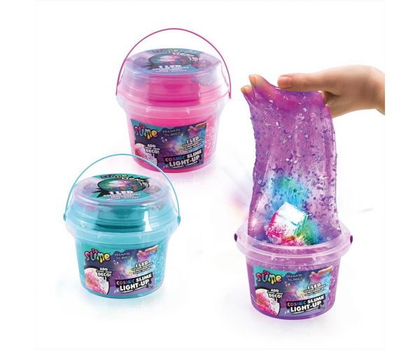 Deci, So Slime cu LED-uri luminoase, slime cosmic într-un recipient, disponibil în mai multe variante.