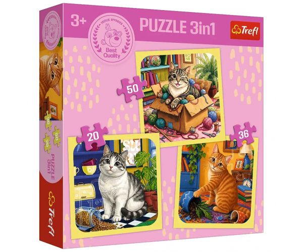 Momente vesele cu pisici 3 în 1 puzzle de 50, 36 și 20 de piese - Trefl