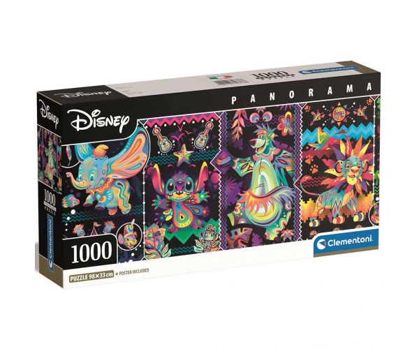 Disney: Personaje Neon puzzle panoramic de 1000 de piese, 98x33cm - Clementoni