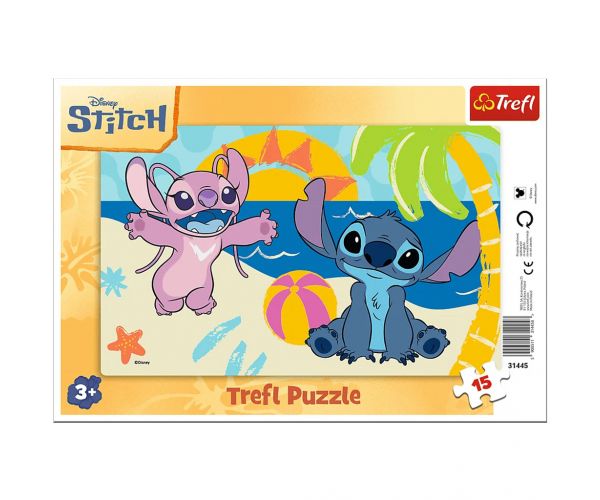 Disney Stitch — Aventură pe plajă, puzzle cu ramă de 15 piese - Trefl