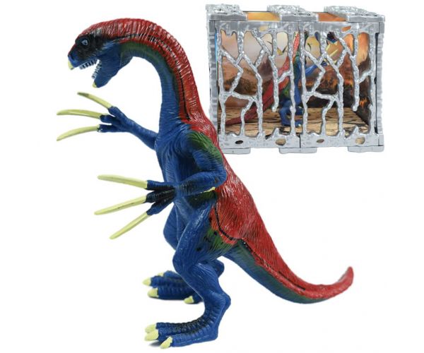 Dino World: Figurină detaliată a dinozaurului Therizinosaurus de 20 cm într-o cușcă