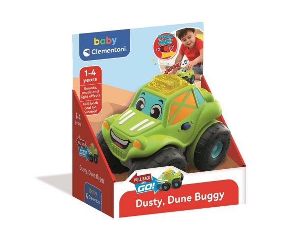 Dusty, buggy pentru copii cu mecanism de tragere înapoi, sunet și lumină - Clementoni