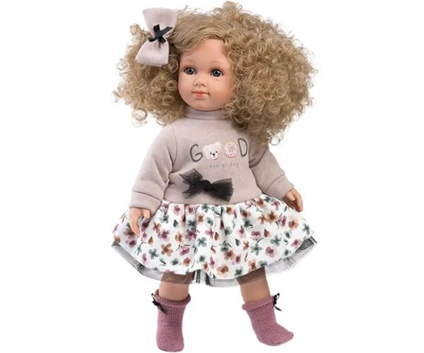 Llorens: Elena păpușă într-o rochie florală din tul cu păr blond ondulat 35cm